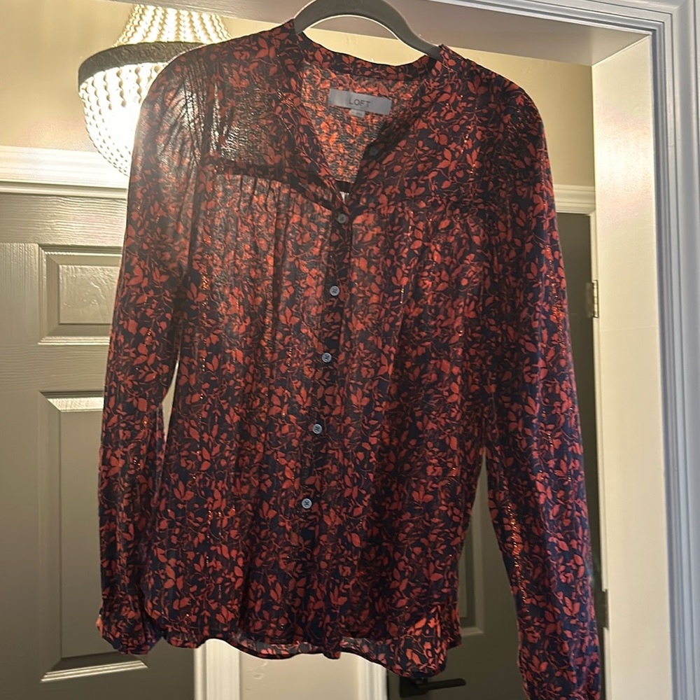 Navy blouse with rust and gold threading